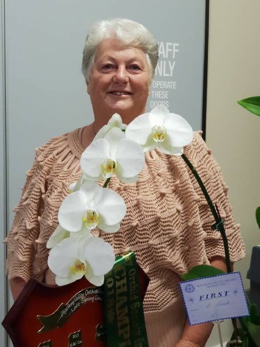 Dawn Kenah from Macley Valley Orchid Society with her champion Phalanopsis, or commonly known as moth orchid. Photo supplied by Donna Clarke.