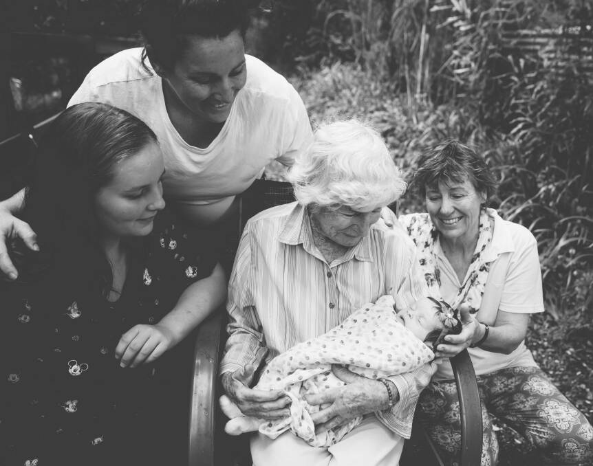 FIVE GENERATIONS: From left, Emily Cooper, Allysia Cooper, Bernice Colvin, holding her youngest great-great grandchild Emerald Rose, and Prue Cooper. Photo: Gemma Rostron, Fille & Moi Design. 