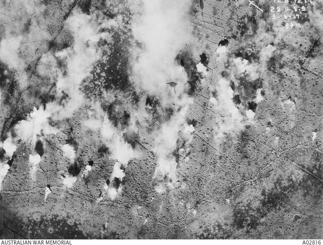 An aerial view of artillery bombardment taking place at Messines. Photo: Australian War Memorial.
