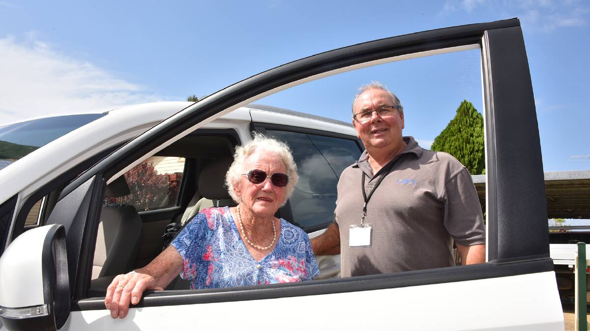 KEEPING MOBILE: Nambucca's Marj Gooch with volunteer driver Geoff Pearson with The Community Transport Company. Volunteer drivers put in over 25,000 hours per year 