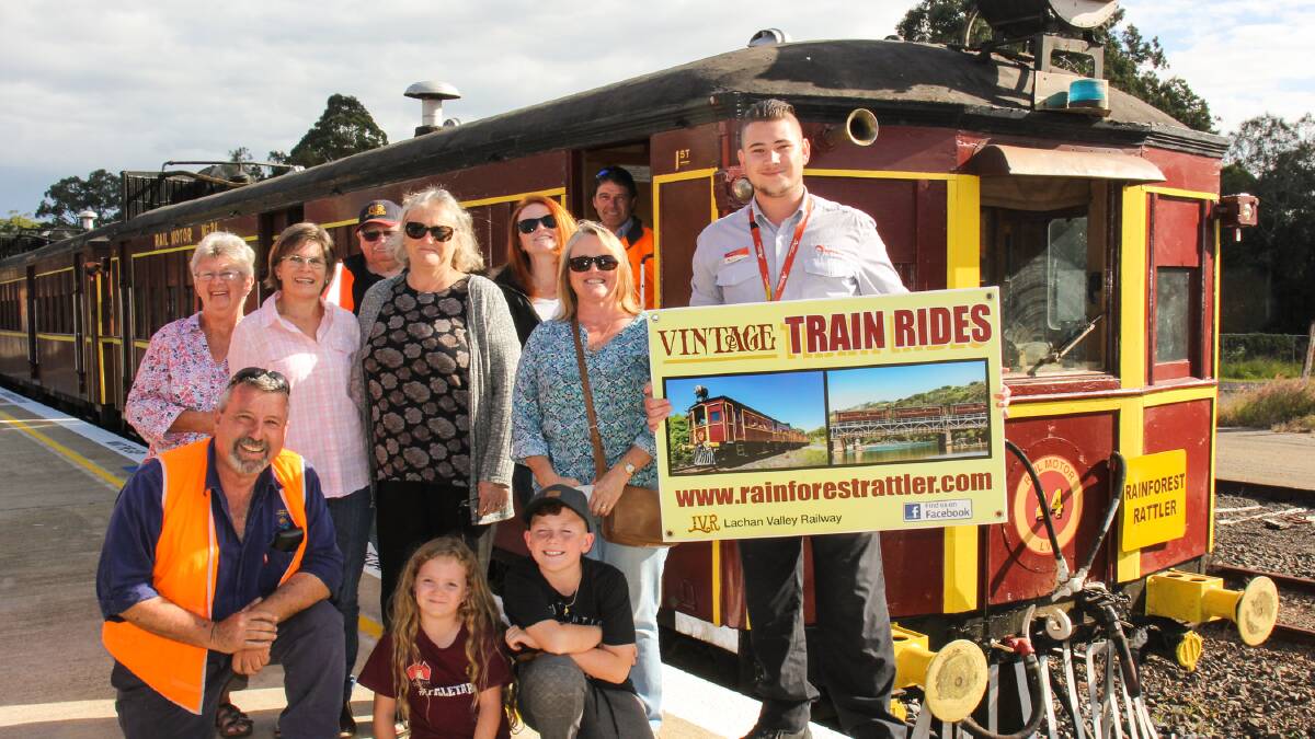 RATTLER COMING TO TOWN: At Macksville Station are (front) Neil Manson, Dakota and Blake Cadd, (back) Mildred Steward, Leanne Welsh, Ben Semple, Pat Kerr, Dannii Taylor, Tina Birtles, Sam Connie and train driver Rob Amadio. Photo by Mick Birtles