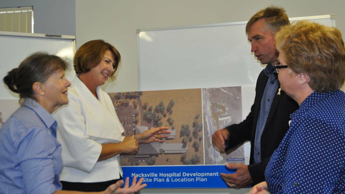 PAPER PLANS TAKE SHAPE: From left, Nambucca Shire mayor Rhonda Hoban, NSW Roads Minister Melinda Pavey, CEO MNCLHD Stewart Dowrick and Dr Theresa Beswisk, Coffs Clinical Network Co-ordinator at the launch of the hospital plans