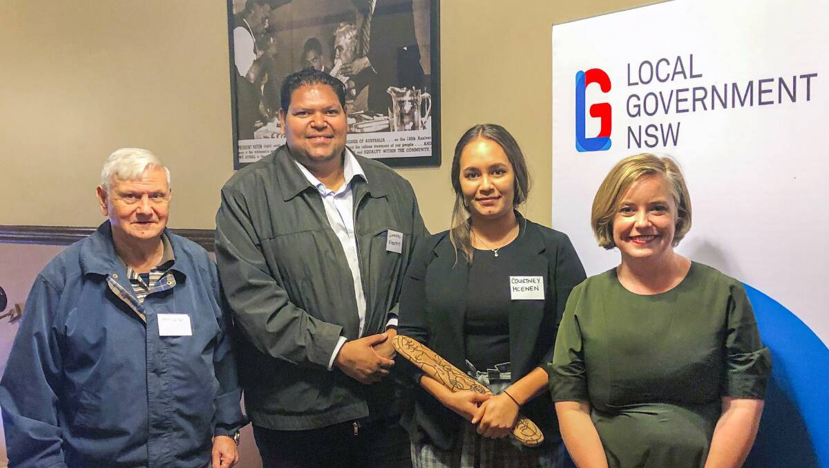 The 2019 Scholarship winner was Courtney McEwen of Nambucca Valley Council pictured with L-R Uncle Bob Webb (Elder of the Local Govt Aboriginal Network), Warren Roberts (family member of Pat Dixon) and LGNSW President Cr Linda Scott