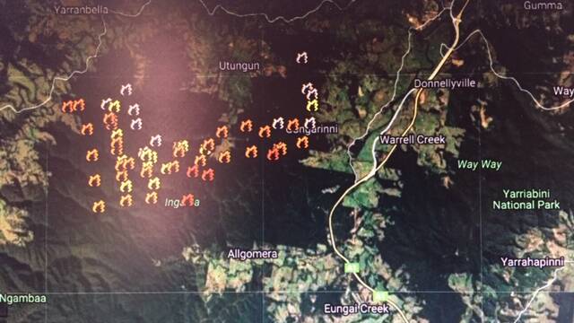 Fire fronts at midnight last night (Tuesday) as shown on the Australian Government's Sentinel Hotspots website