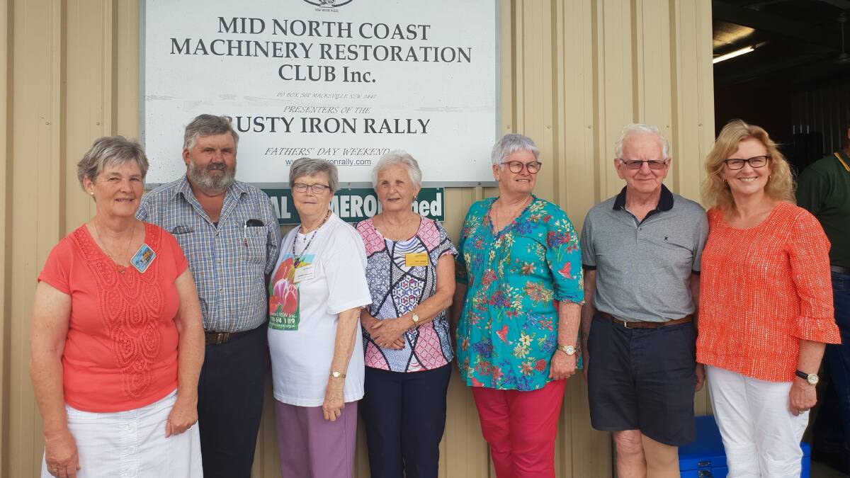 MID NORTH COAST MACHINERY RESTORATION CLUB: From left, secretary Anne Pade, president John South, Robbie Handcock, Judy Cooke of the Parkinson’s Support Group, treasurer Jenny O’Donnell and member Ian Steele with Mid North Coast Cancer Institute’s Jenny Baroutis 