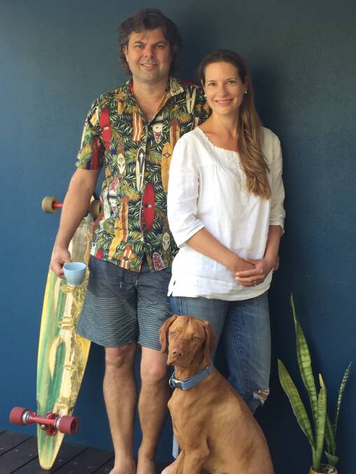 The painted Blue team, Daniel, Charelle and Merlot the adventure dog