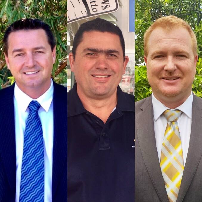 In the running: Patrick Conaghan, Chris Genders and Jamie Harrison are vying for preselection to contest the seat of Cowper for The Nationals at the next federal election.