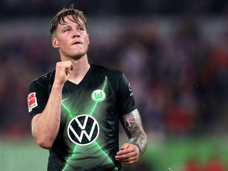 Wolfsburg's Wout Weghorst celebrates scoring an equaliser against Fortuna Dusseldorf.