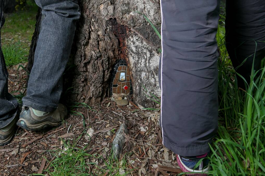 FAIRY MAGIC: Crackpot One and Crackpot Two, with a fairy door mosaic in the base of a tree. The door features a Tigger made from a broken cup and a poppy pin as a door handle. Picture: TARA TREWHELLA 
