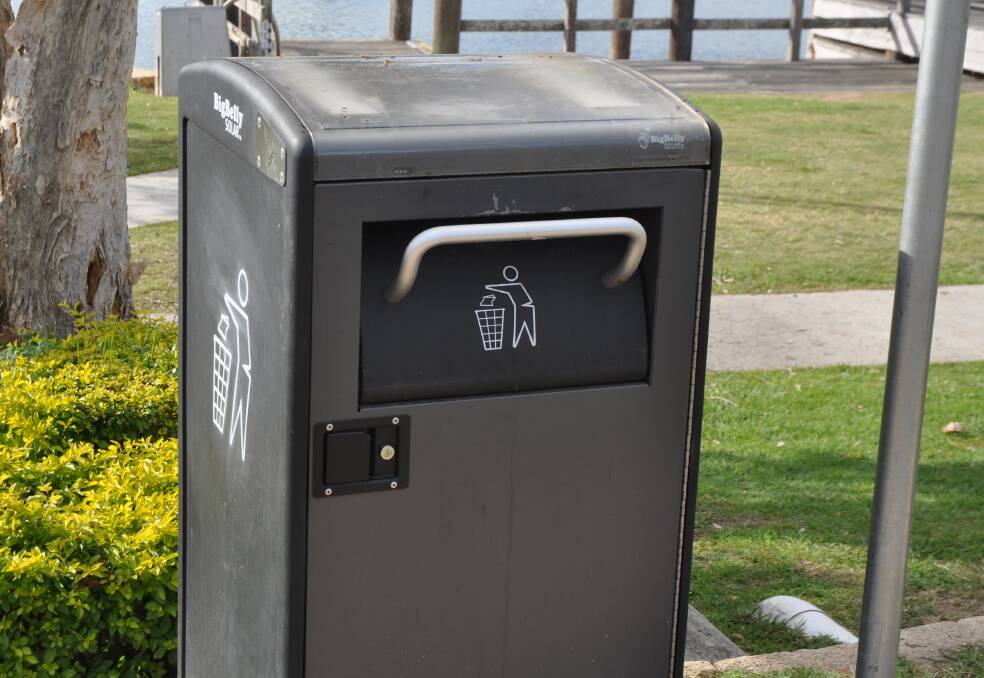 One of the Bigbelly smart waste solar bins down by the river in Macksville. Photo: Stephen Katte 