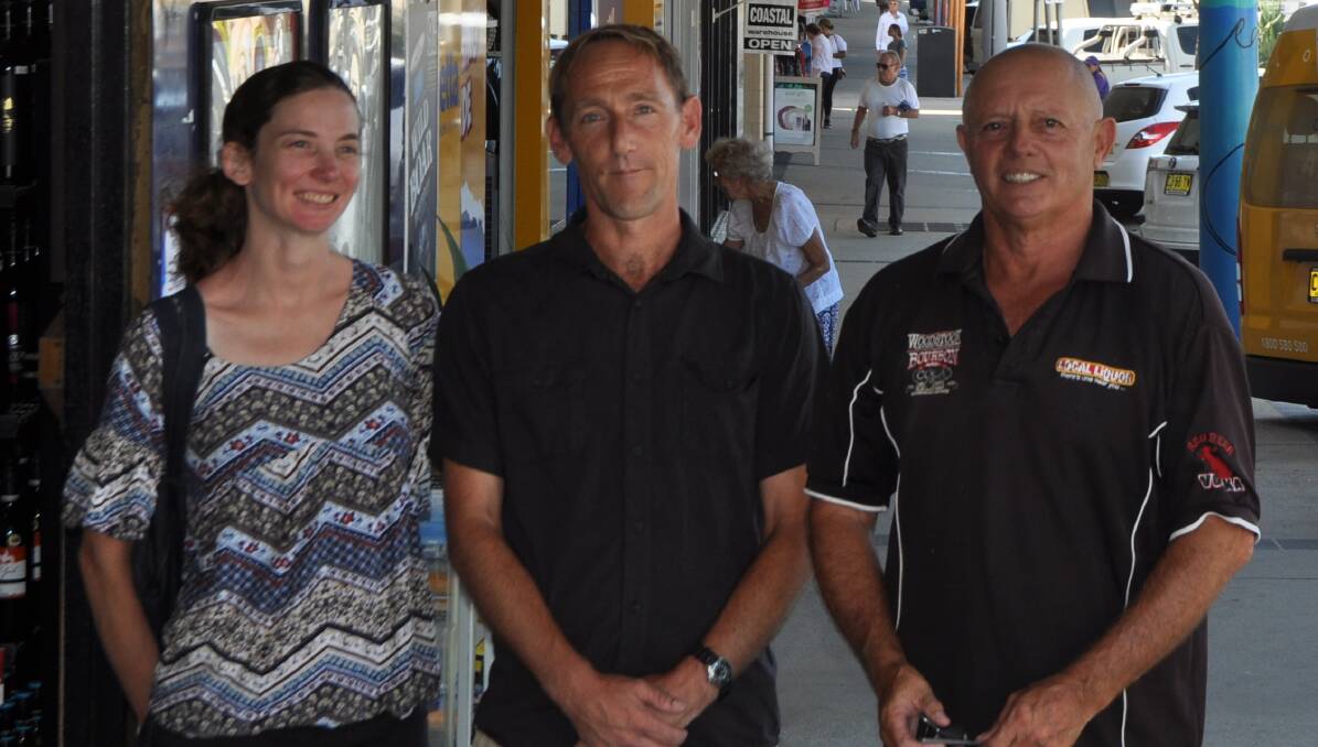 Clare Cody, James Brody and Peter Bush outside the Nambucca Local Liquor.  