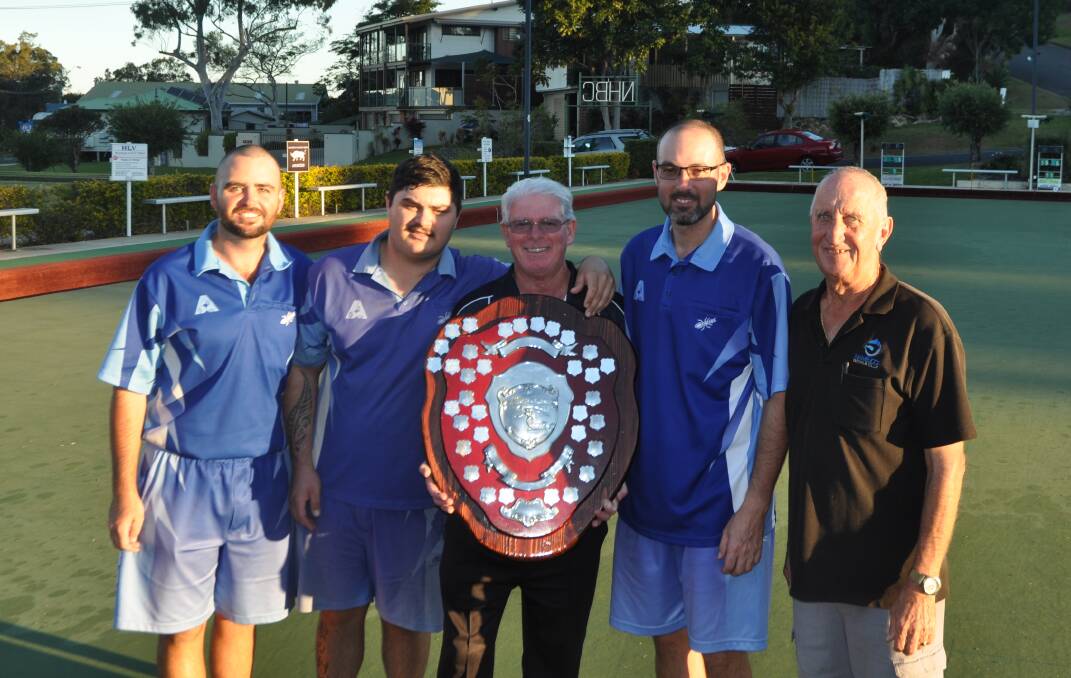 The winning team made up of Ben Morthorpe, Beau Prideaux, Graeme and Jay Porter with president of the Nambucca Heads Bowls Club Tony Stokes. Photo: Stephen Katte 