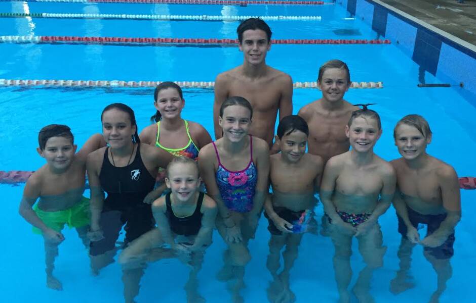 The Macksville Marlins: From the back: Declan Sutton, Brody Faulds. Middle; Ryan Faulds, Toria Kete, Keeley Sutton, Leah Pickvance, Bailey Pickvance, Cohen Welsh, Asha Searle. Front: Koah Searle