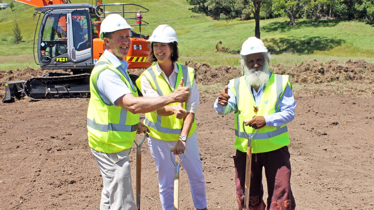 GETTING IT DONE: Federal Member for Cowper Luke Hartsuyker, Nationals candidate for Oxley Melinda Pavey and Nambucca Shire Councillor Martin Ballangarry OAM who did the Welcome to Country, representing the Gumbaynggir people at the ceremonial sod turning for work to start on the Warrell Creek to Nambucca Heads Pacific Highway upgrade