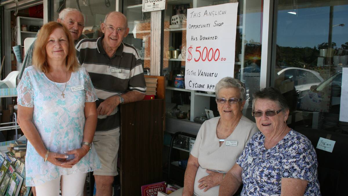 Volunteers at Nambucca Heads’ Anglican Opportunity Shop - from left back, Colin Andrews, Fred Coaldrake, front left, Pauline Hughes, Val Chittick, Judy Garven 